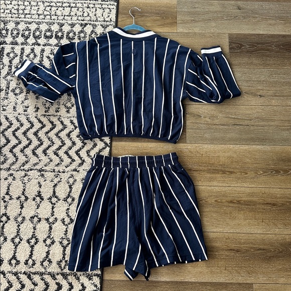 NWOT Free People Off Duty Set in navy pinstripe